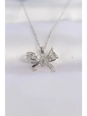  Zincir Gümüş  Zirkon Taşlı Fiyonk Çelik Kolye