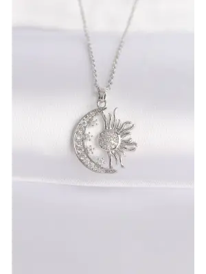  Zincir Gümüş  Zirkon Taşlı Güneş Detay Ay Çelik Kolye