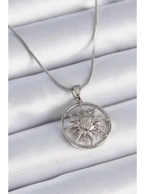  Zincir Gümüş  Zirkon Taşlı Güneş Model  Çelik Kolye