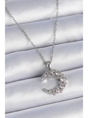  Zincir Gümüş  Zirkon Taşlı Hilal Model  Çelik Kolye