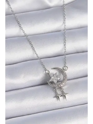  Zincir Gümüş  Zirkon Taşlı Hilal Model Yıldız Detay  Çelik Kolye