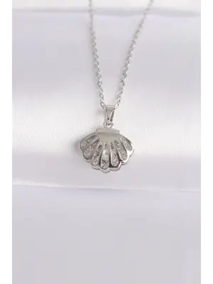  Zincir Gümüş  Zirkon Taşlı İnci Detay İstiridye Çelik Kolye