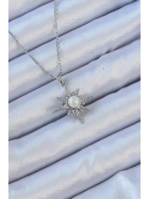  Zincir Gümüş  Zirkon Taşlı İnci Detay Kutup Yıldızı Çelik Kolye