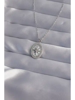  Zincir Gümüş  Zirkon Taşlı Kabartmalı Kutup Yıldızı Çelik Kolye