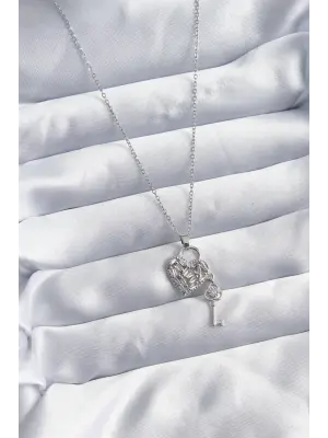  Zincir Gümüş  Zirkon Taşlı Kalp & Anahtar Model  Çelik Kolye