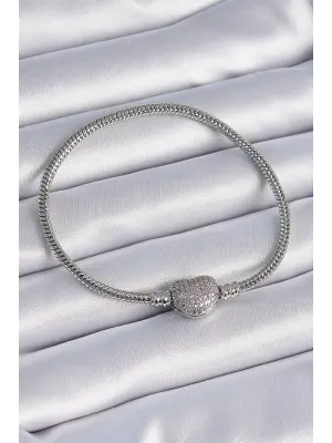 316L Çelik Zincir Gümüş Renk Zirkon Taşlı Kalp Charm Model Kadın Bileklik