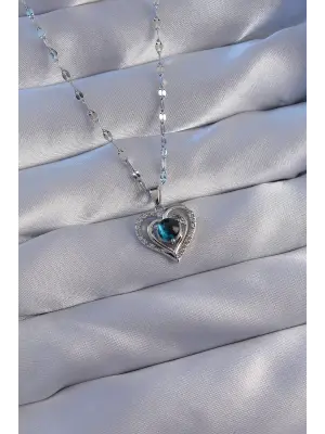  Zincir Gümüş  Zirkon Taşlı Kalp Figürlü Gezegen Çelik Kolye