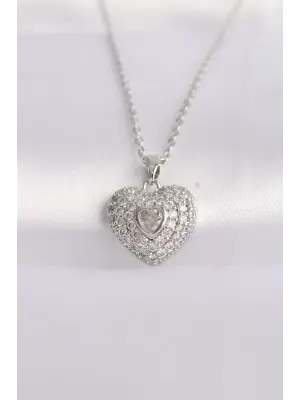  Zincir Gümüş  Zirkon Taşlı Kalp Çelik Kolye