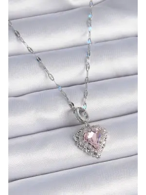  Zincir Gümüş  Zirkon Taşlı Kalp Model  Çelik Kolye