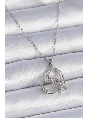  Zincir Gümüş  Zirkon Taşlı Kalp Model Melek Detay  Çelik Kolye