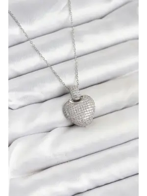 316L Çelik Zincir Gümüş Renk Zirkon Taşlı Kalpli Kadın Kolye
