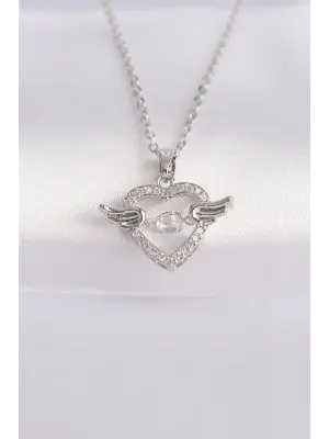  Zincir Gümüş  Zirkon Taşlı Kanatlı Kalp Çelik Kolye