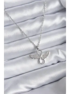  Zincir Gümüş  Zirkon Taşlı Kanatlı Sonsuzluk Model  Çelik Kolye