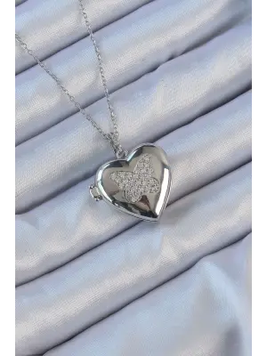  Zincir Gümüş  Zirkon Taşlı Kelebek Desenli İçi Açılan Bombeli Kalp Çelik Kolye