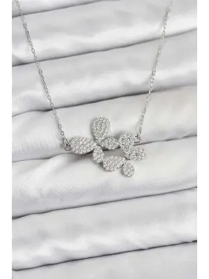 316L Çelik Zincir Gümüş Renk Zirkon Taşlı Kelebek Model Kadın Kolye