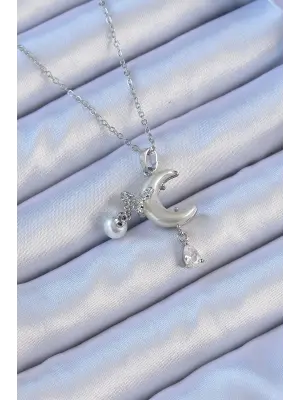  Zincir Gümüş  Zirkon Taşlı Kelebekli Mineli Ay Çelik Kolye