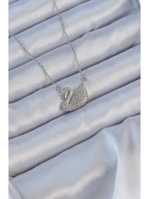 Zincir Gümüş  Zirkon Taşlı Kuğu Çelik Kolye