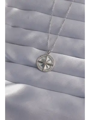  Zincir Gümüş  Zirkon Taşlı Kutup Yıldızı Çelik Kolye