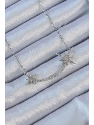  Zincir Gümüş  Zirkon Taşlı Kutup Yıldızı Çelik Kolye