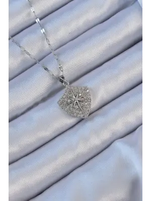  Zincir Gümüş  Zirkon Taşlı Kutup Yıldızı Çelik Kolye