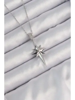  Zincir Gümüş  Zirkon Taşlı Kutup Yıldızı Çelik Kolye