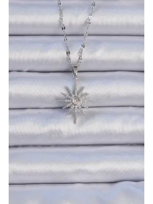  Zincir Gümüş  Zirkon Taşlı Kutup Yıldızı Çelik Kolye