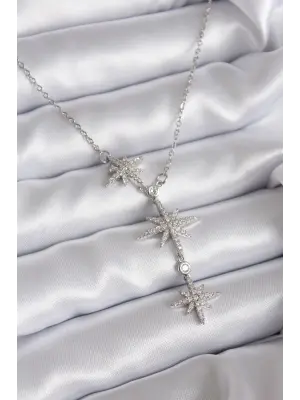 316L Çelik Zincir Gümüş Renk Zirkon Taşlı Kutup Yıldızı Model Kadın Kolye
