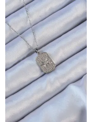  Zincir Gümüş  Zirkon Taşlı Kutup Yıldızlı Vintage Çelik Kolye