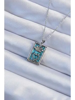  Zincir Gümüş  Zirkon Taşlı Mavi Mermer Desenli Taç Model Tarot Çelik Kolye