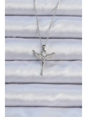  Zincir Gümüş  Zirkon Taşlı Melek Çelik Kolye