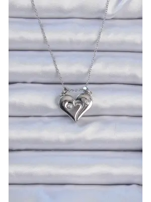  Zincir Gümüş  Zirkon Taşlı Mıknatıslı Kalp Çelik Kolye