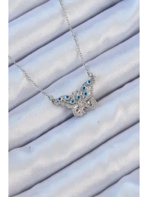  Zincir Gümüş  Zirkon Taşlı Nazarlı Kelebek Çelik Kolye