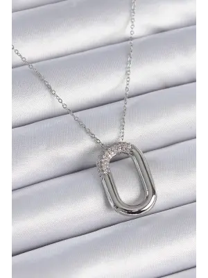  Zincir Gümüş  Zirkon Taşlı Oval Halka Model  Çelik Kolye