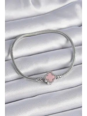 316L Çelik Zincir Gümüş Renk Zirkon Taşlı Pembe Yonca Figür Charm Model Kadın Bileklik