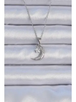  Zincir Gümüş  Zirkon Taşlı Sallantılı Ay Yıldız Çelik Kolye
