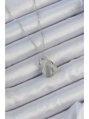  Zincir Gümüş  Zirkon Taşlı Sedefli Kuğu Çelik Kolye