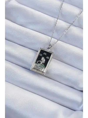  Zincir Gümüş  Zirkon Taşlı Siyah Mineli Kız Figürlü Tarot Çelik Kolye