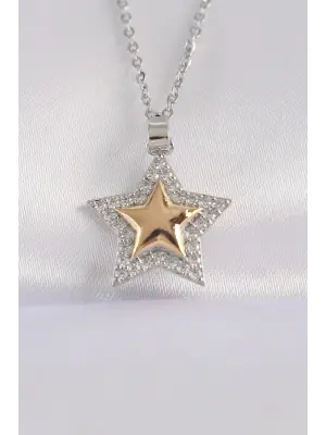 Zincir Gümüş  Zirkon Taşlı Tasarım Altın  Yıldız Çelik Kolye