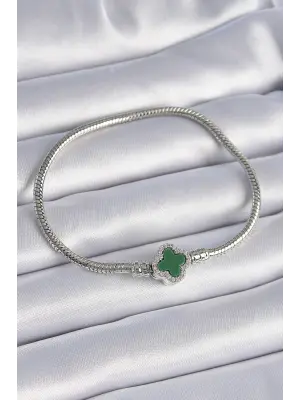 316L Çelik Zincir Gümüş Renk Zirkon Taşlı Yeşil Yonca Figür Charm Model Kadın Bileklik