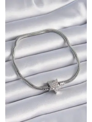 316L Çelik Zincir Gümüş Renk Zirkon Taşlı Yıldız Charm Model Kadın Bileklik