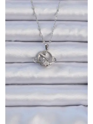  Zincir Gümüş  Zirkon Taşlı Yıldızlı Satürn Çelik Kolye