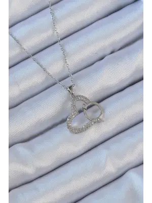  Zincir Gümüş  Zirkon Taşlı Yüzüklü Kalp Çelik Kolye