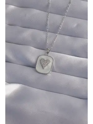  Zincir Mermer Desenli Gümüş  Zirkon Taşlı Kalp Model Çelik Kolye