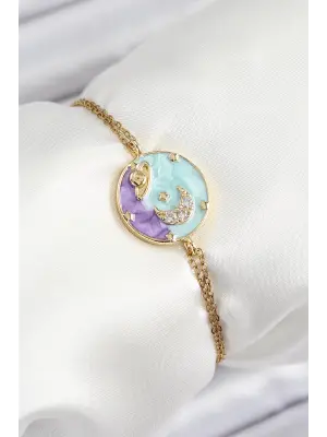 316L Çelik Zincir Mineli Sanatsal Portre Zirkon Taşlı Gezegen Model Gold Renk Kadın Bileklik