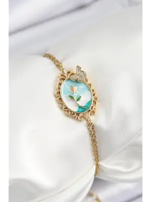 316L Çelik Zincir Mineli Sanatsal Portre Zirkon Taşlı Kelebek Detaylı Çiçek Model Gold Renk Kadın Bileklik