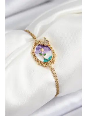 316L Çelik Zincir Mineli Sanatsal Portre Zirkon Taşlı Kelebek Detaylı Çiçek Model Gold Renk Kadın Bileklik