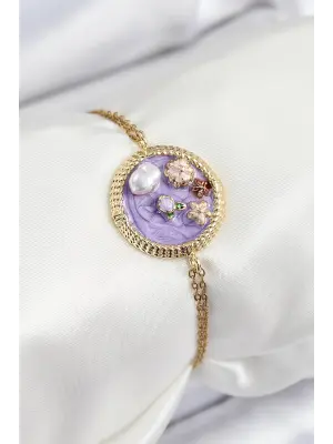 316L Çelik Zincir Mor Mineli Sanatsal Portre İnci Detaylı Çiçek Model Gold Renk Kadın Bileklik