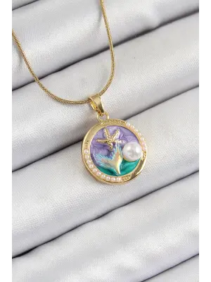 316L Çelik Zincir Mor Mineli Sanatsal Portre İnci Detaylı Deniz Yılıdızı Model Gold Renk Kadın Kolye