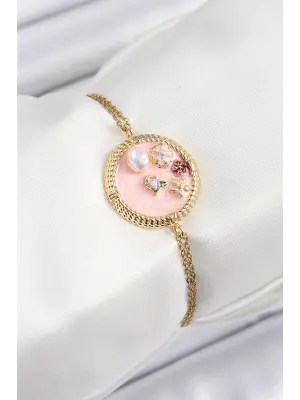 316L Çelik Zincir Pembe Mineli Sanatsal Portre İnci Detaylı Çiçek Model Gold Renk Kadın Bileklik