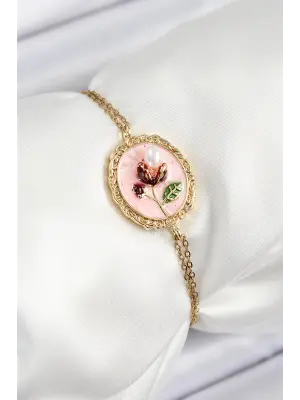 316L Çelik Zincir Pembe Mineli Sanatsal Portre İnci Detaylı Lale Model Gold Renk Kadın Bileklik